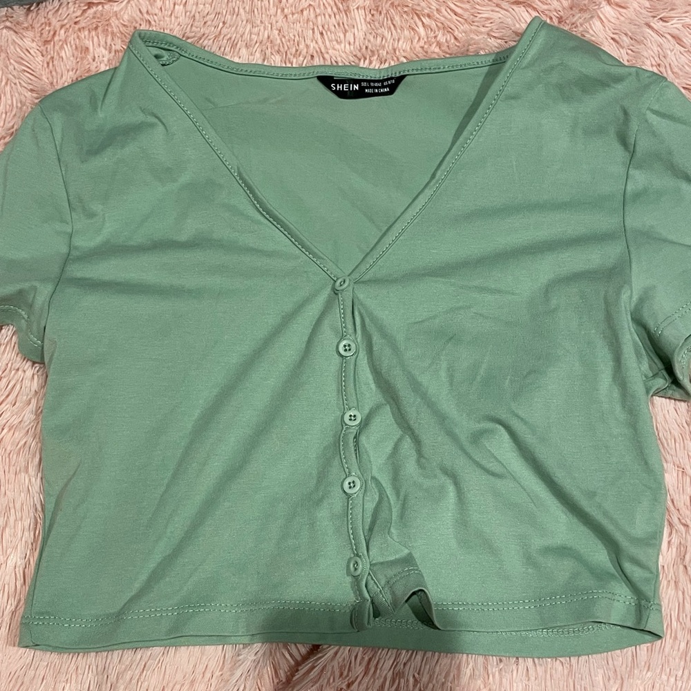 SHEIN button up green shirt cropped